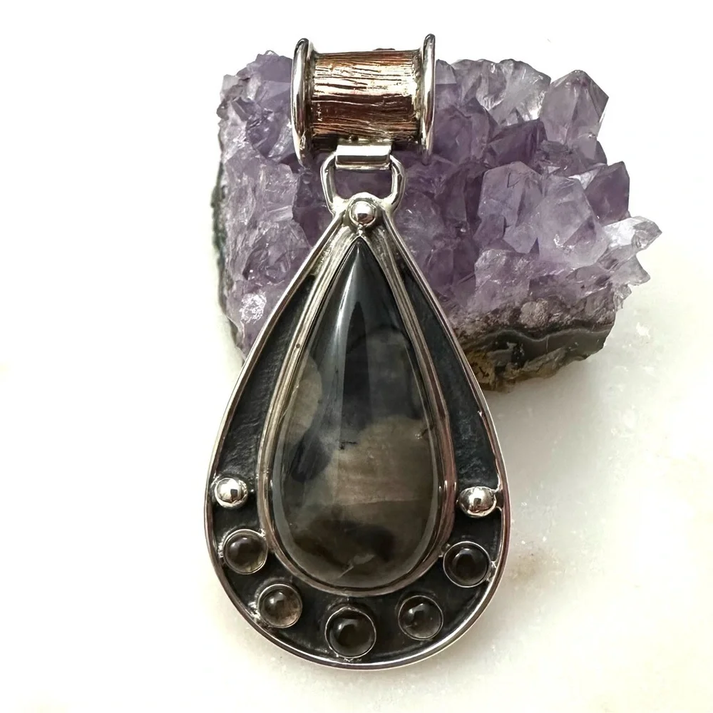 Jay King Sterling Silver & Copper Teardrop Agate with Smokey Quartz Pendant